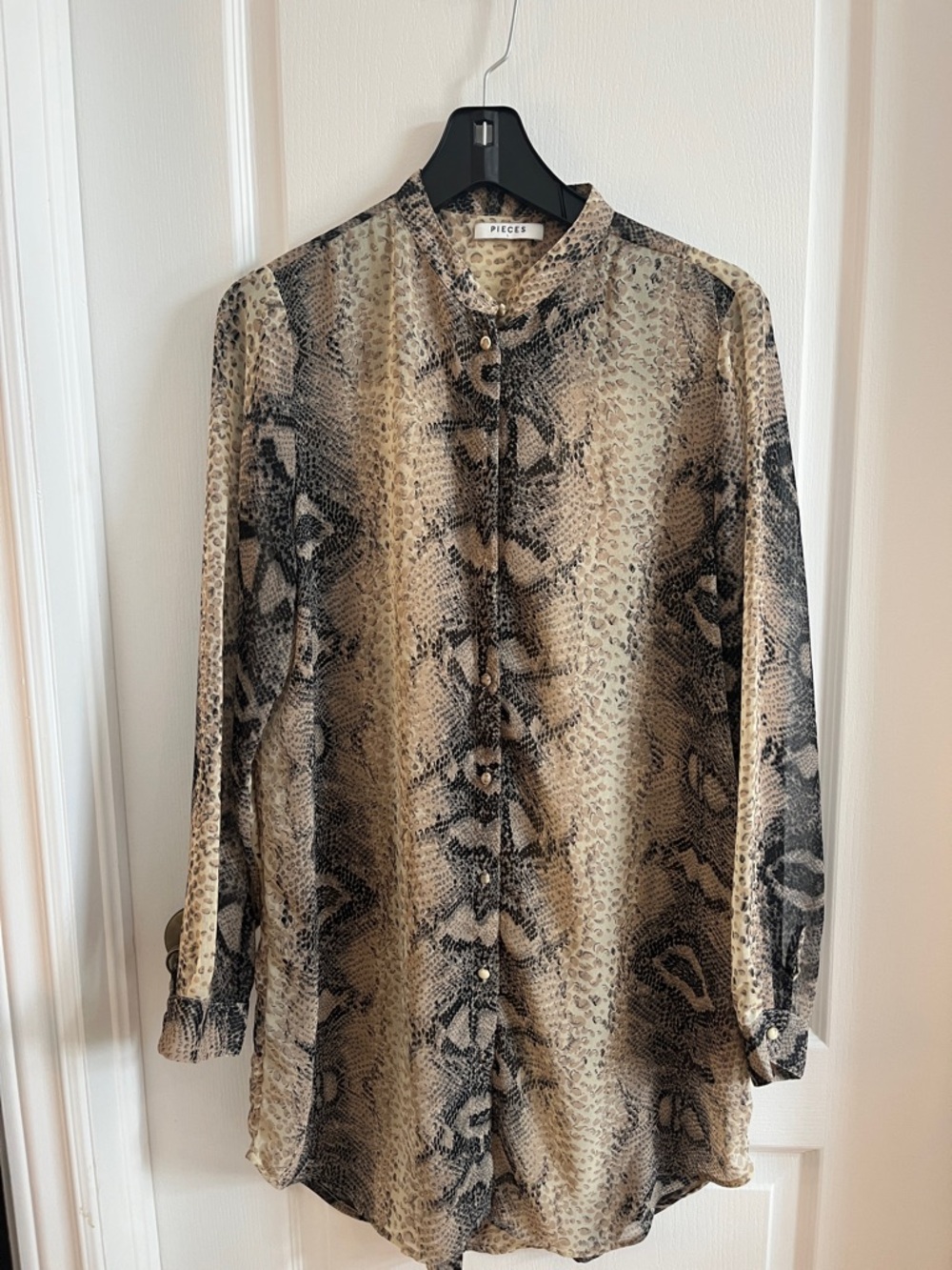 PIECES Snake Print Long Sleeve Blouse in Beige and Black